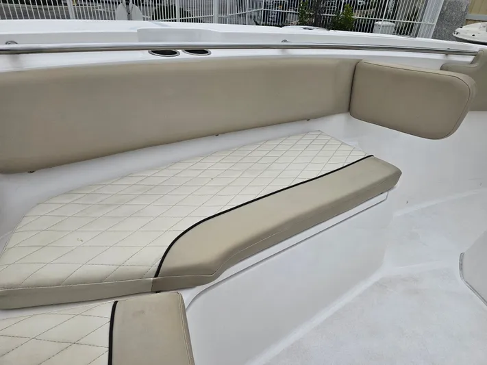  Yacht Photos Pics Interior view of 2018 Sea Fox 328 Commander with cushioned seating.