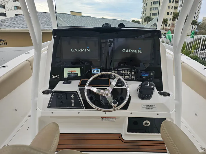  Yacht Photos Pics 2018 Sea Fox 328 Commander helm with Garmin displays.