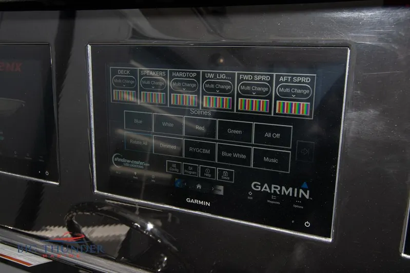  Yacht Photos Pics Garmin control panel on 2022 Fountain 32 NX boat, displaying lighting settings.