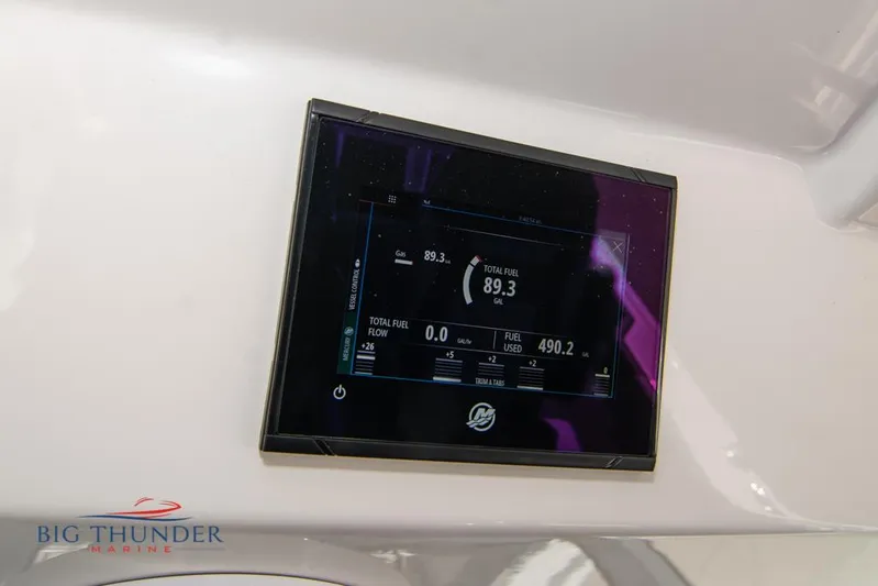  Yacht Photos Pics Display screen on 2022 Fountain 32 NX showing fuel data, Big Thunder Marine logo visible.