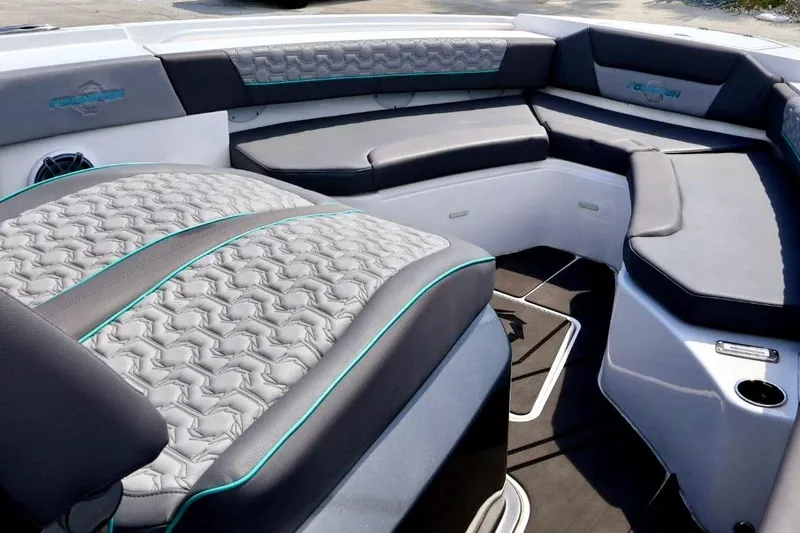  Yacht Photos Pics 2022 Fountain 32 NX boat interior with stylish seating and modern design.