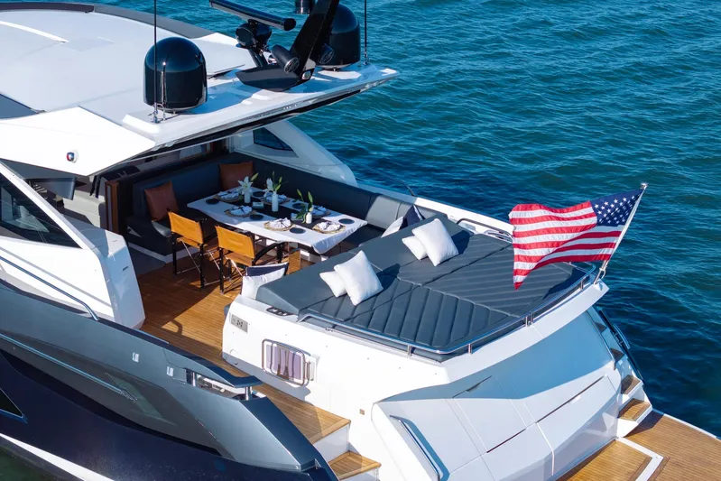 Kb Jr Yacht Photos Pics Luxurious 2020 Sunseeker Predator 74 yacht with elegant deck and American flag.