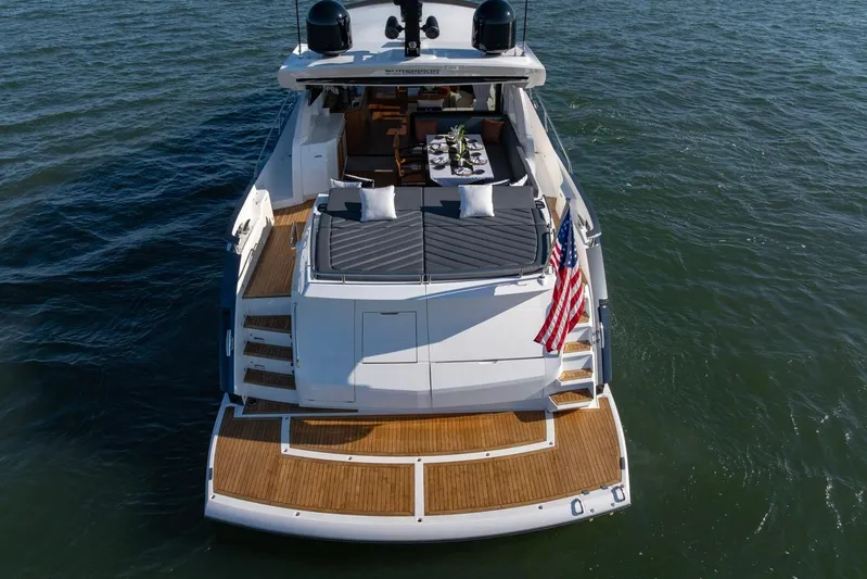 Kb Jr Yacht Photos Pics 2020 Sunseeker Predator 74 yacht with elegant deck and American flag on open water.