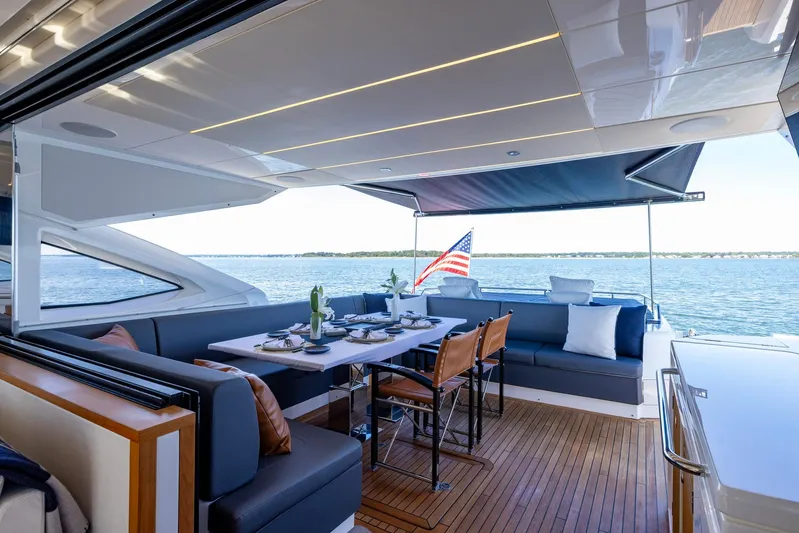 Kb Jr Yacht Photos Pics Luxurious 2020 Sunseeker Predator 74 yacht with elegant outdoor dining area and scenic ocean view.
