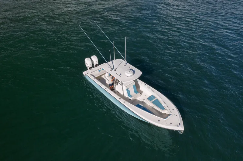  Yacht Photos Pics Aerial view of 2022 SeaVee 340Z boat on open water.
