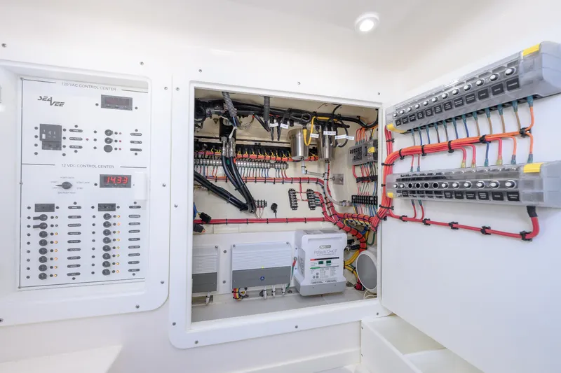  Yacht Photos Pics Electrical control panel of 2022 SeaVee 340Z boat, showcasing wiring and components.