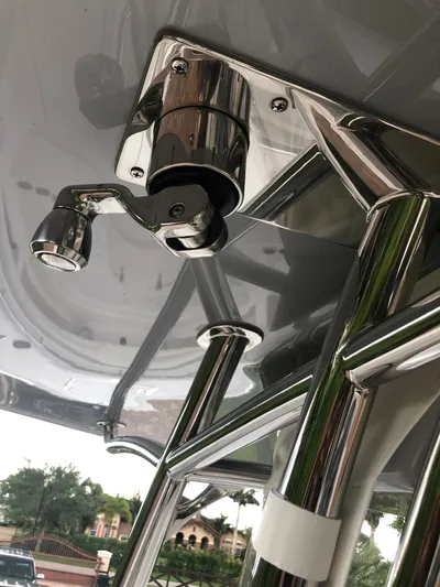  Yacht Photos Pics Close-up of the stainless steel hardware on a 2025 Mag Bay 33 boat.