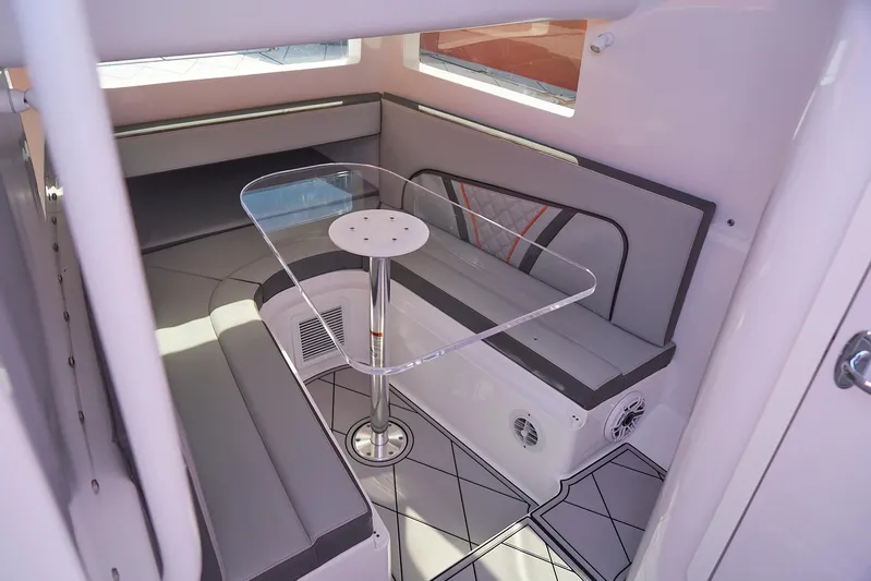 Va Va Vroom Yacht Photos Pics Interior of 2020 Midnight Express 43' Open boat with modern seating and glass table.