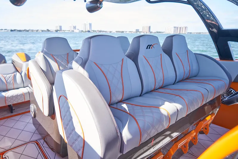 Va Va Vroom Yacht Photos Pics Luxurious seating on a 2020 Midnight Express 43' Open boat, with ocean view.