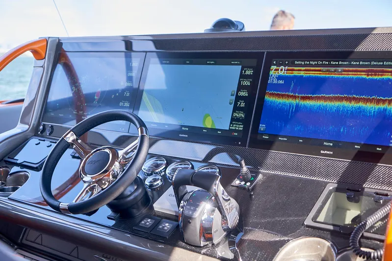 Va Va Vroom Yacht Photos Pics Dashboard of 2020 Midnight Express 43' Open boat with advanced navigation displays.