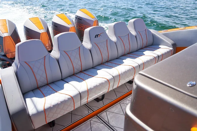 Va Va Vroom Yacht Photos Pics Luxury seating on 2020 Midnight Express 43' Open boat with quad engines, on water.