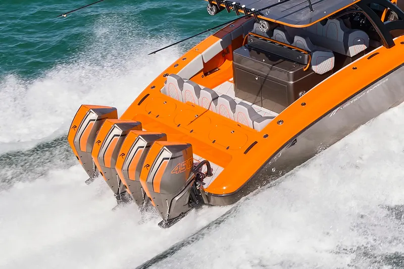Va Va Vroom Yacht Photos Pics 2020 Midnight Express 43' Open boat with four powerful outboard engines on the water.
