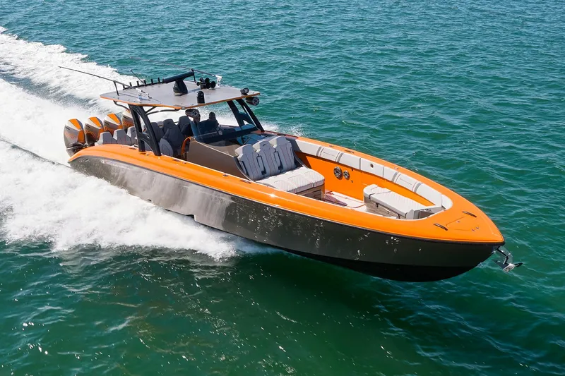 Va Va Vroom Yacht Photos Pics 2020 Midnight Express 43' Open boat cruising on clear blue water.