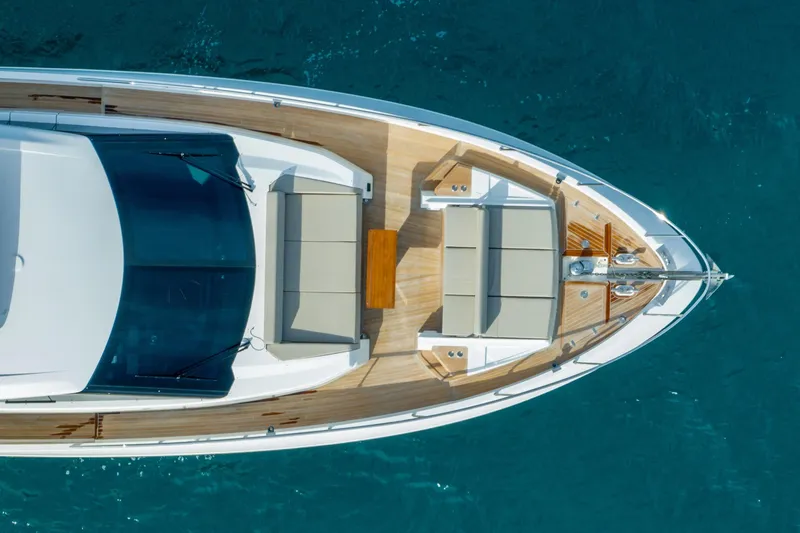  Yacht Photos Pics Aerial view of 2023 Ferretti Yachts 720, showcasing sleek deck design and luxury seating.