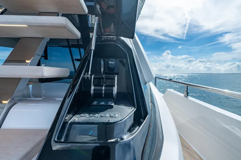  Yacht Photos Pics 2023 Ferretti Yachts 720, sleek design, ocean view, modern staircase, luxurious yacht features.