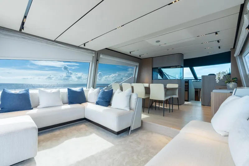  Yacht Photos Pics Luxurious interior of 2023 Ferretti Yachts 720 with ocean view and modern furnishings.