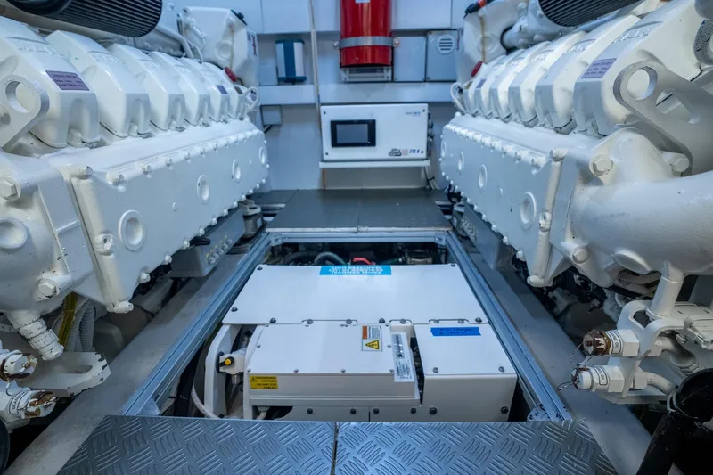  Yacht Photos Pics Engine room of 2023 Ferretti Yachts 720, showcasing advanced machinery and equipment.