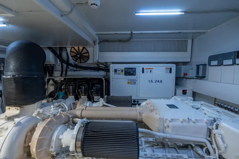  Yacht Photos Pics Engine room of 2023 Ferretti Yachts 720, showcasing advanced machinery and equipment.