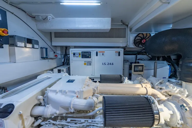  Yacht Photos Pics Engine room of 2023 Ferretti Yachts 720, showcasing advanced machinery and equipment.