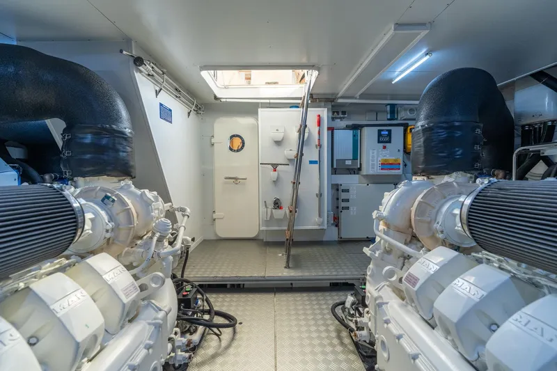  Yacht Photos Pics Engine room of 2023 Ferretti Yachts 720, featuring advanced machinery and equipment.