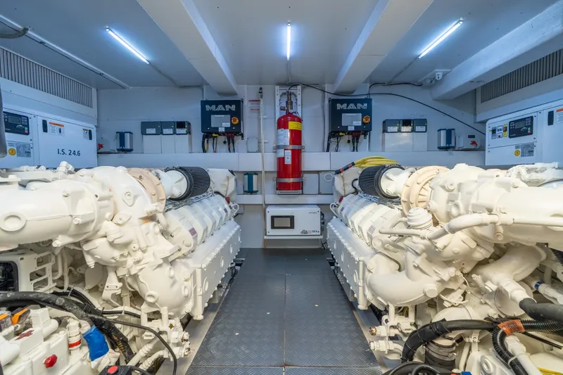  Yacht Photos Pics Engine room of 2023 Ferretti Yachts 720, featuring dual MAN engines and modern equipment.