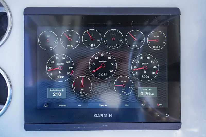  Yacht Photos Pics Garmin display on 2023 SeaHunter 31 Tournament showing engine metrics and navigation data.