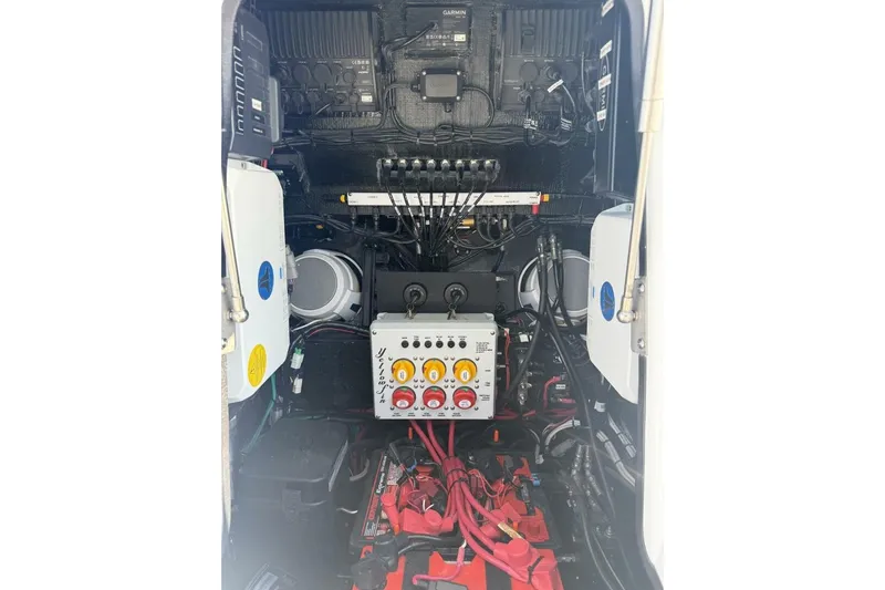  Yacht Photos Pics Electrical system of 2025 Yellowfin 26 Hybrid boat, showcasing wiring and components.