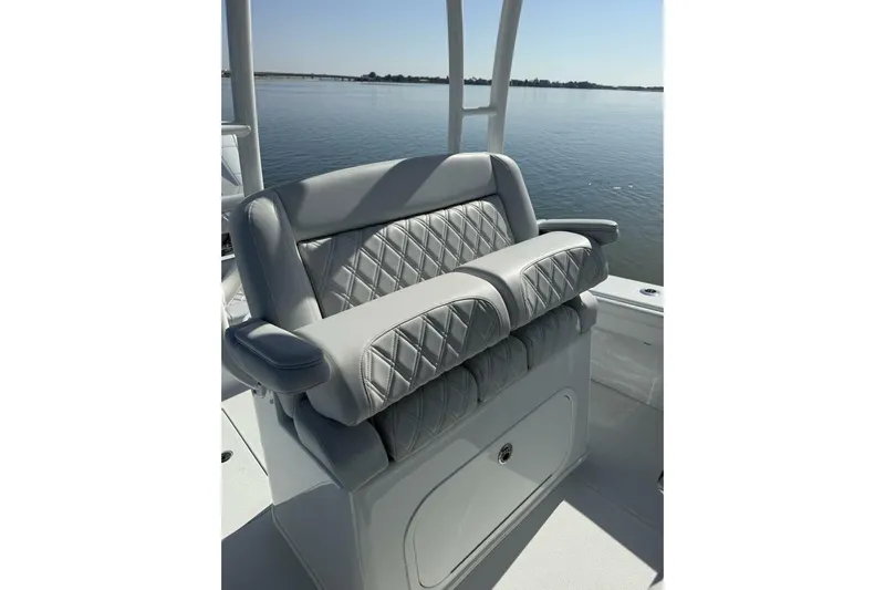  Yacht Photos Pics Luxurious seating on 2025 Yellowfin 26 Hybrid boat with quilted upholstery.