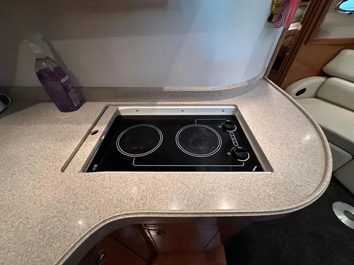  Yacht Photos Pics 2004 Regal Commodore 3860 yacht kitchen with electric stovetop and countertop.