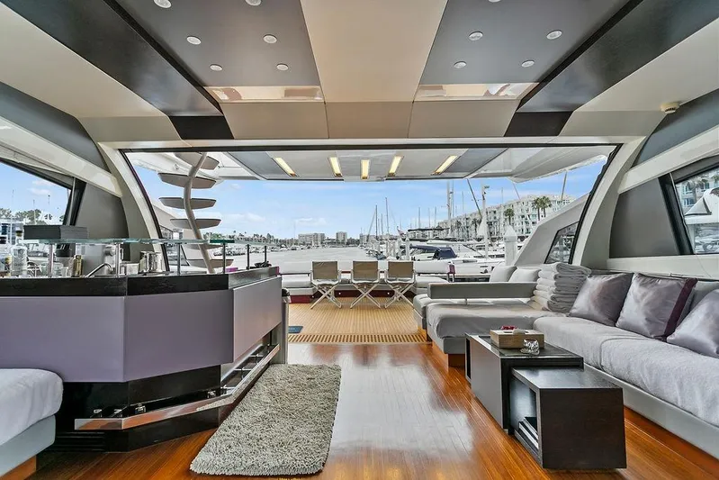 Argonaut Yacht Photos Pics Luxurious 2011 Baia yacht interior with modern design, spacious seating, and marina view.