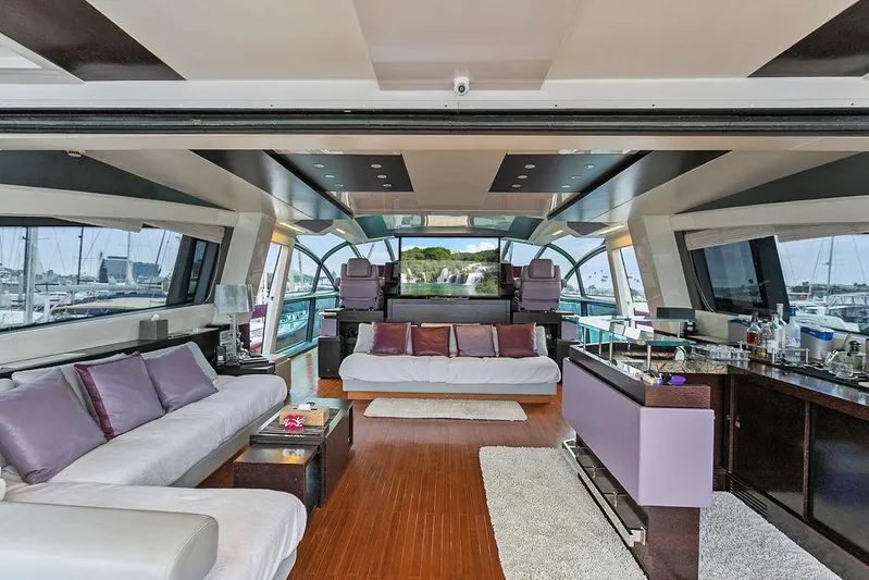 Argonaut Yacht Photos Pics Luxurious interior of 2011 Baia xxx yacht with modern seating and panoramic windows.