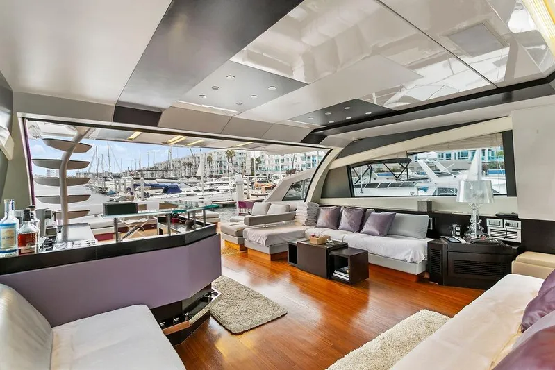 Argonaut Yacht Photos Pics Luxurious 2011 Baia yacht interior with modern design, spacious seating, and marina view.