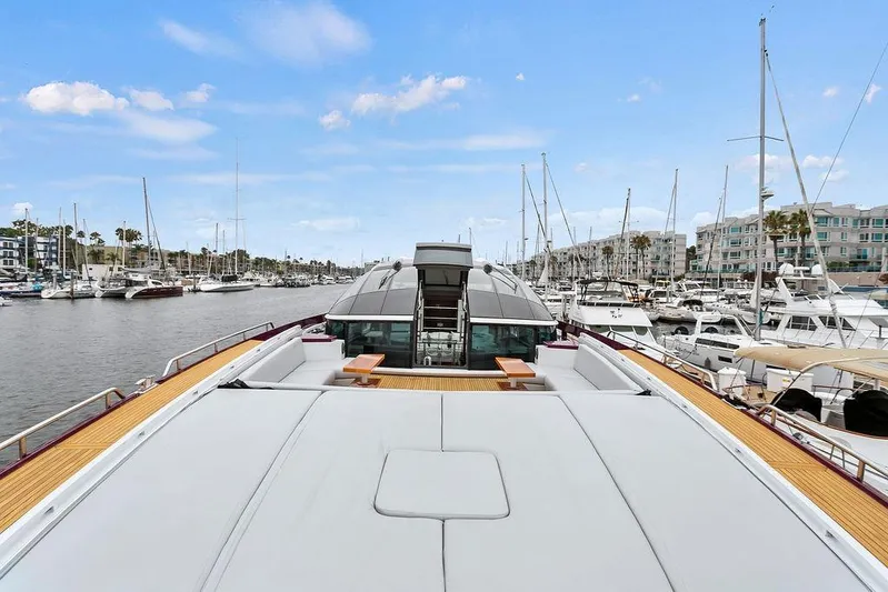 Argonaut Yacht Photos Pics Luxurious 2011 Baia yacht docked in a marina, surrounded by other boats.