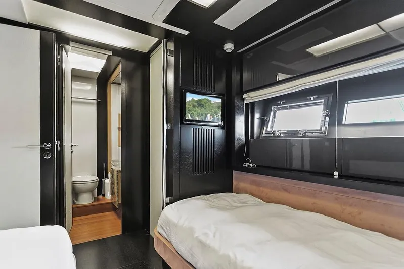 Argonaut Yacht Photos Pics Luxurious 2011 Baia yacht interior with modern bedroom and ensuite bathroom.