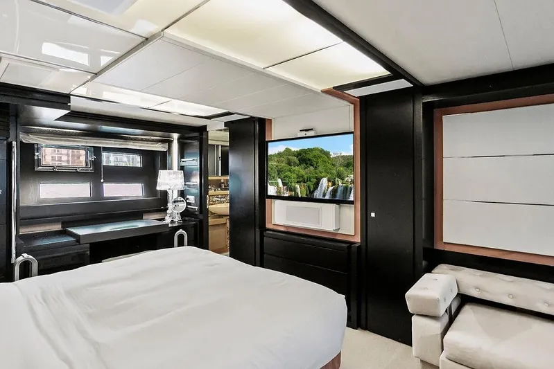 Argonaut Yacht Photos Pics Luxurious 2011 Baia yacht interior with modern bedroom, elegant decor, and scenic window view.