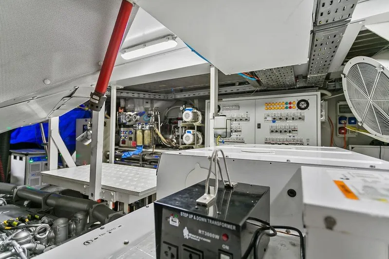 Argonaut Yacht Photos Pics Engine room of 2011 Baia xxx yacht with control panels and machinery.
