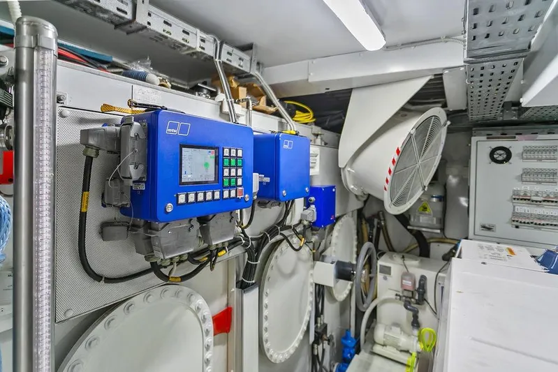 Argonaut Yacht Photos Pics Engine room of 2011 Baia model xxx yacht with control panels and machinery.