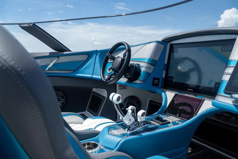  Yacht Photos Pics Interior of 2024 MTI 440X boat with advanced navigation system and sleek design.