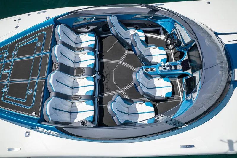  Yacht Photos Pics 2024 MTI 440X boat interior with sleek seating and modern dashboard design.