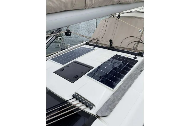  Yacht Photos Pics 2019 Dufour Grand Large 412 Grand Prix yacht with solar panels on deck.