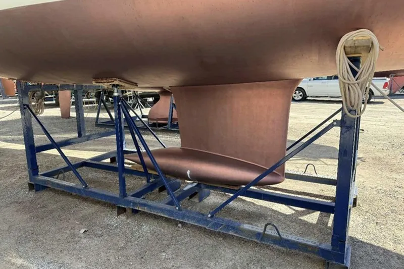  Yacht Photos Pics 2019 Dufour Grand Large 412 Grand Prix sailboat keel on a metal stand.