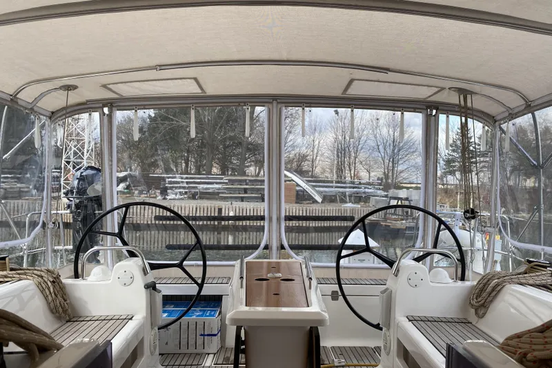  Yacht Photos Pics Interior view of 2019 Dufour Grand Large 412 Grand Prix sailboat cockpit.