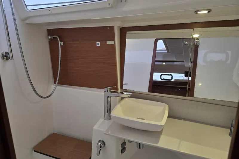  Yacht Photos Pics Bathroom interior of 2019 Dufour Grand Large 412 Grand Prix yacht.