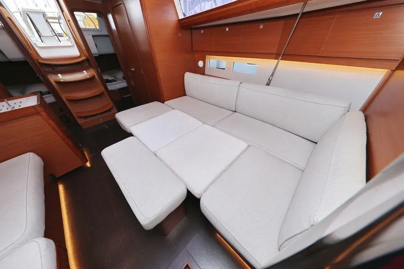  Yacht Photos Pics Interior of 2019 Dufour Grand Large 412 Grand Prix yacht with modern seating.