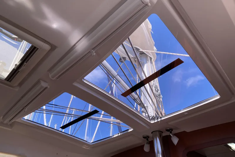  Yacht Photos Pics Skylight view from 2019 Dufour Grand Large 412 Grand Prix sailboat interior.