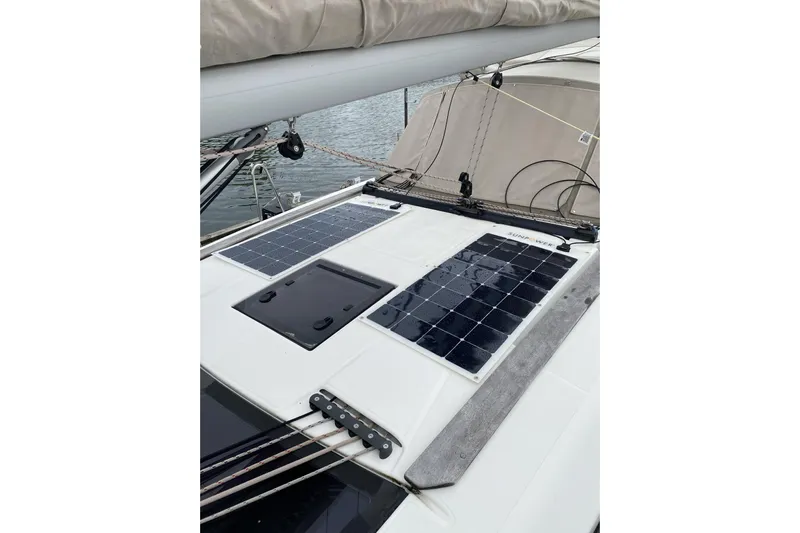  Yacht Photos Pics 2019 Dufour Grand Large 412 Grand Prix yacht with solar panels on deck.