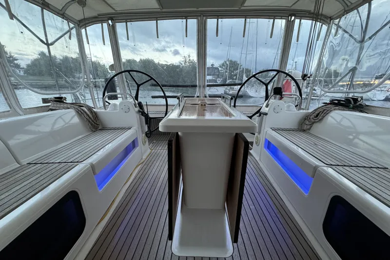  Yacht Photos Pics Interior of 2019 Dufour Grand Large 412 Grand Prix sailboat with dual steering wheels.