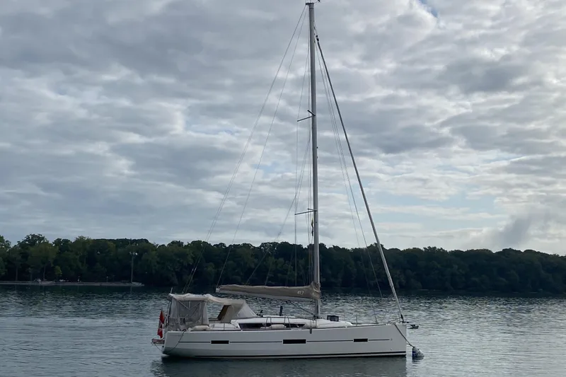  Yacht Photos Pics 2019 Dufour Grand Large 412 sailboat on calm water under cloudy sky.