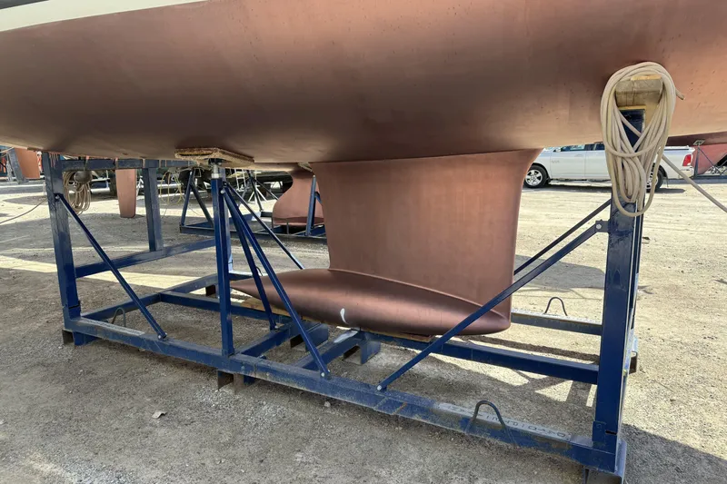  Yacht Photos Pics 2019 Dufour Grand Large 412 Grand Prix sailboat keel on a stand.