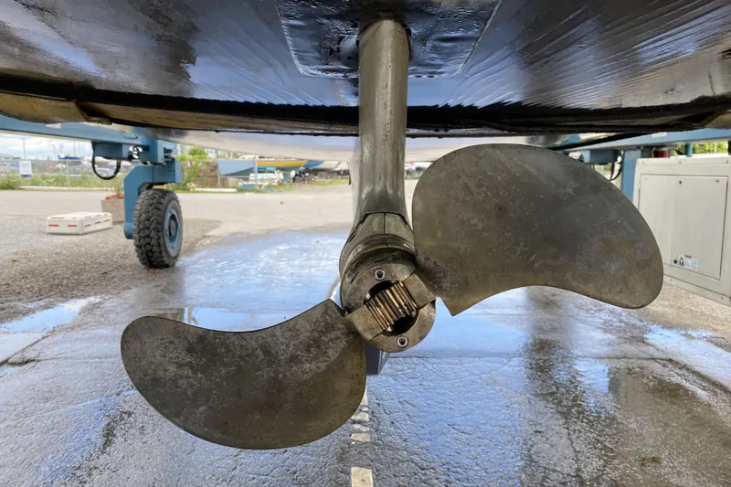  Yacht Photos Pics Propeller of 2019 Dufour Grand Large 412 Grand Prix sailboat on dry dock.